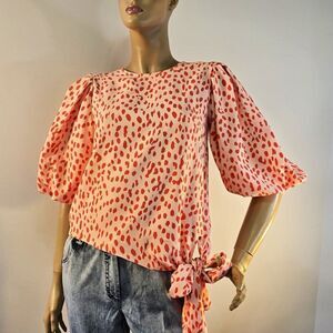 VINCE CAMUTO Animal Print Puff Sleeve Tangerine Blouse Sash Tie Womens Sz XS